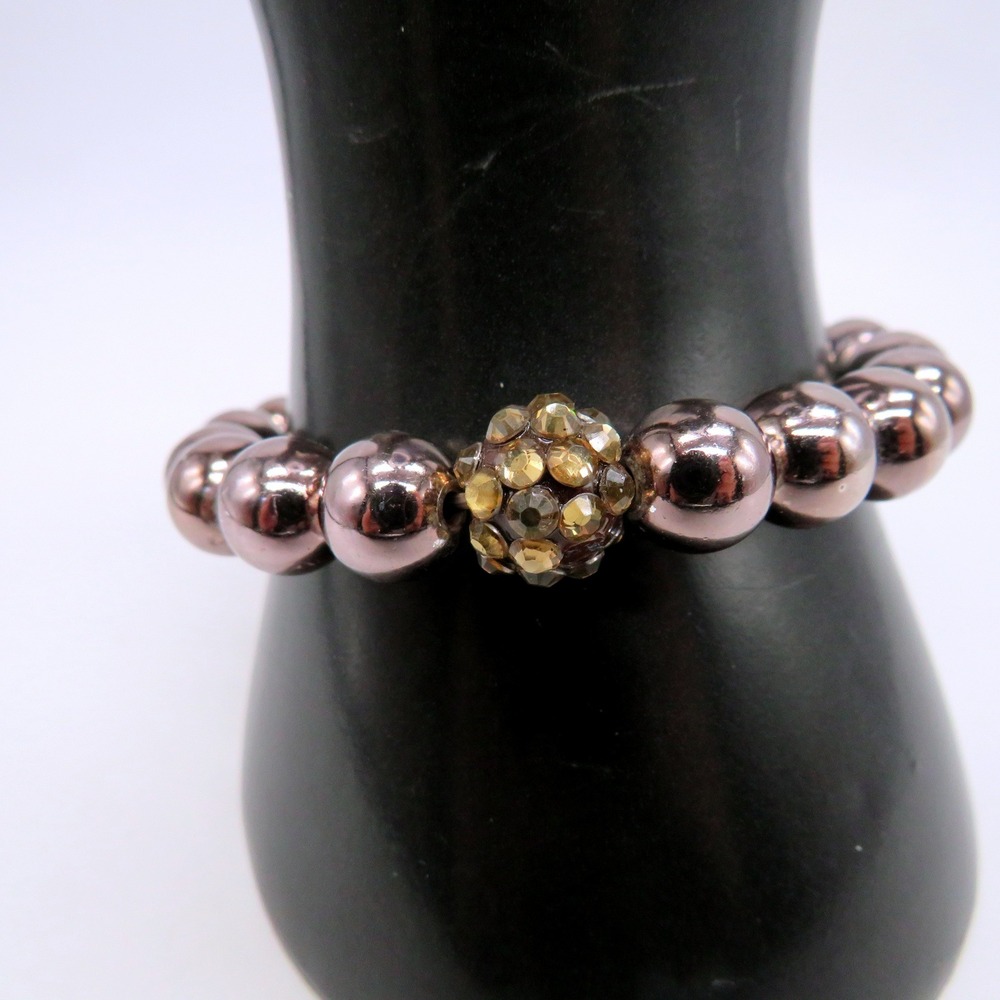 Metallic Mauve Beaded Stretch Bracelet Champagne Rhinestone Disco Ball Bead